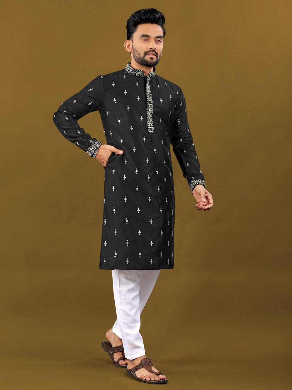 Men's Matka Silk Kurta Pajama Set | Silver Zari Embroidered Buti, Festive Wear