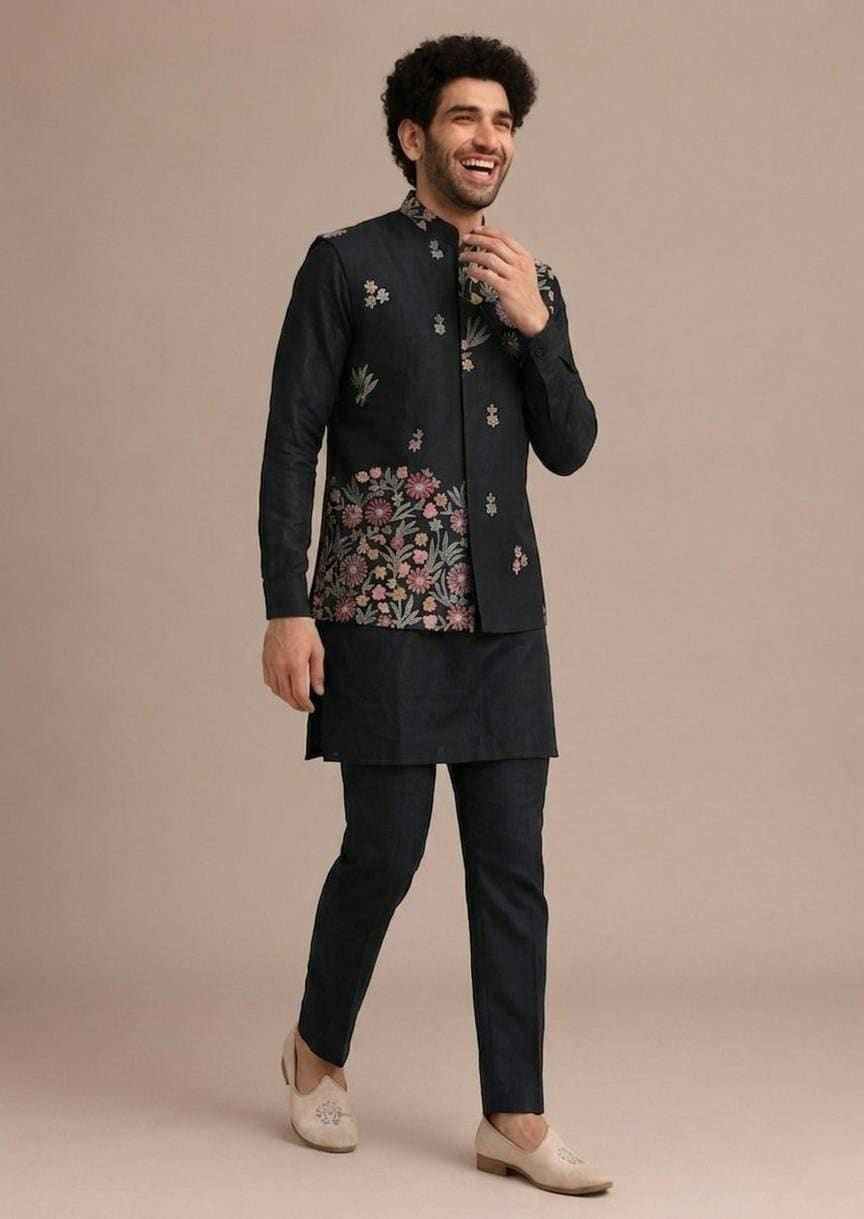 Men's Roman Silk Kurta Pant Set with Embroidered Koti | Festive Ethnic Wear