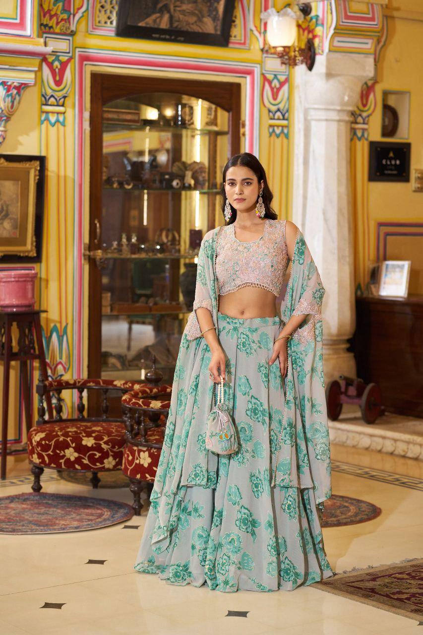 Embroidered Georgette Lehenga Choli Set with Cape Dupatta & Batwa Bag