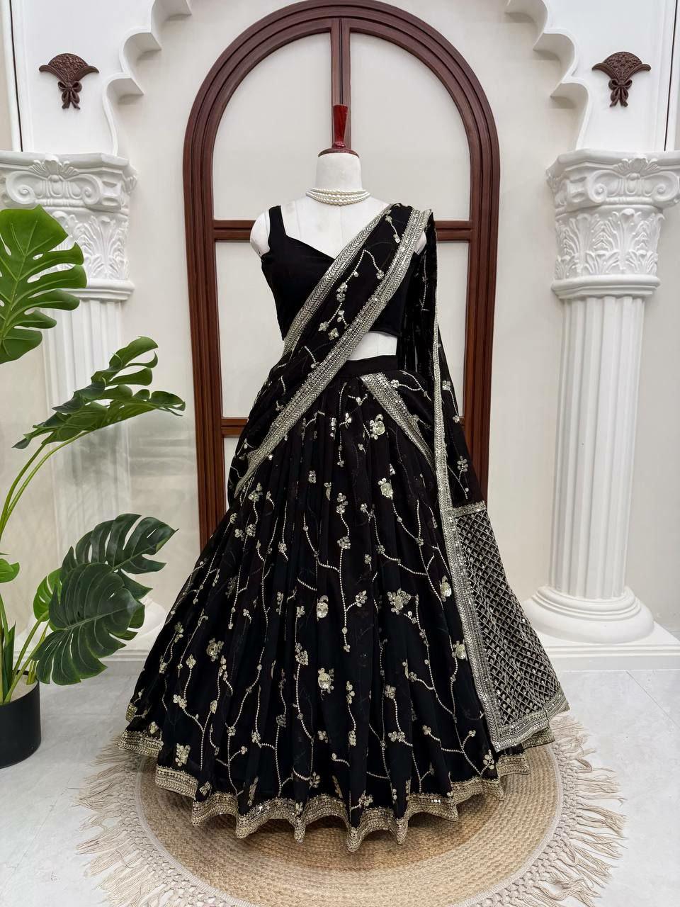 Faux Georgette Lehenga Saree | Sequins Embroidered Blouse, Lace Border Dupatta (Ready-to-Wear)