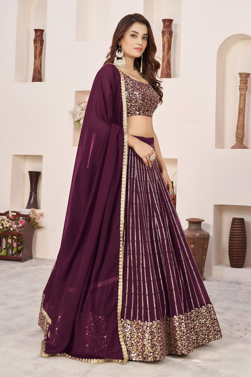 Wine Georgette Lehenga Choli Set | Zari Sequins Embroidery, A-Line Party Wear