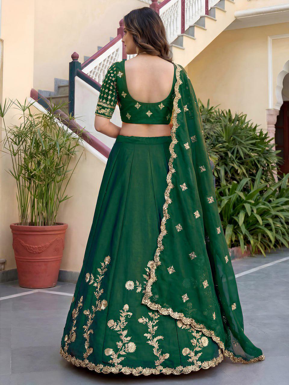 Bottle Green Rangoli Silk Lehenga Choli Set | Zari Dori & Sequins Embroidered Lehenga | Semi-Stitched Wedding, Festive Outfit with Dupatta
