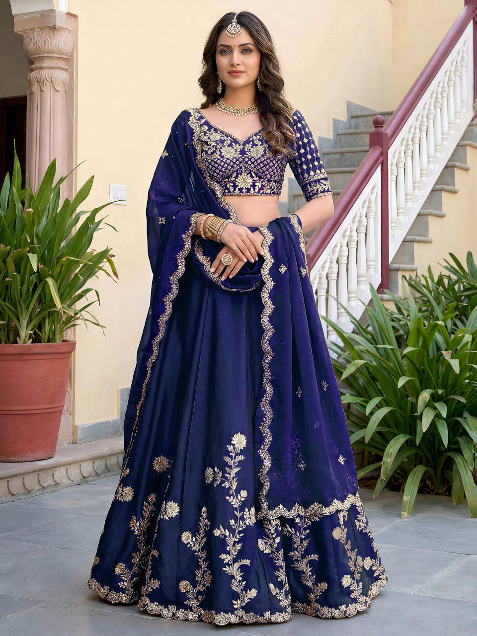 Navy Blue Rangoli Silk Lehenga Choli Set | Zari Dori & Sequins Embroidered Lehenga | Semi-Stitched Wedding and Festive Outfit with Dupatta