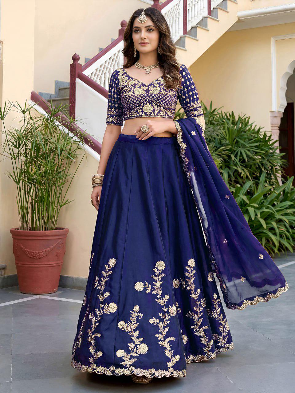 Navy Blue Rangoli Silk Lehenga Choli Set | Zari Dori & Sequins Embroidered Lehenga | Semi-Stitched Wedding and Festive Outfit with Dupatta