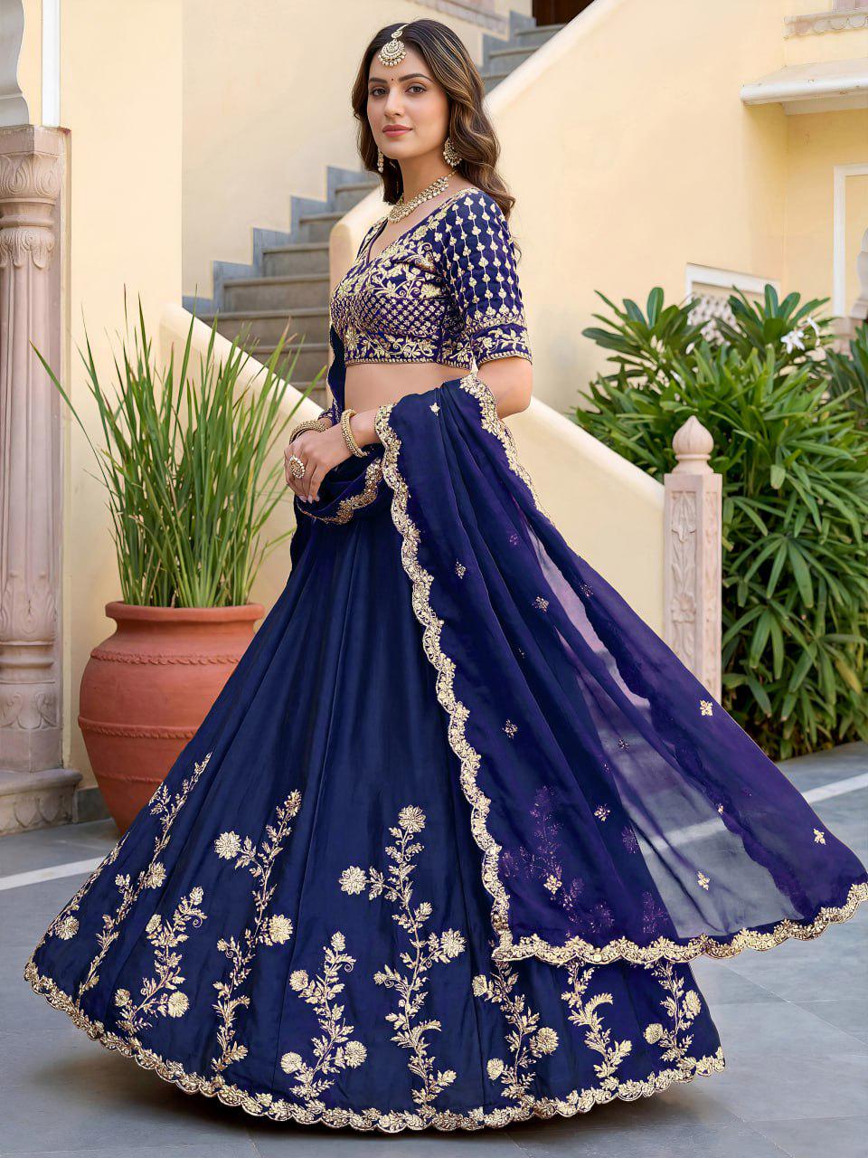 Navy Blue Rangoli Silk Lehenga Choli Set | Zari Dori & Sequins Embroidered Lehenga | Semi-Stitched Wedding and Festive Outfit with Dupatta