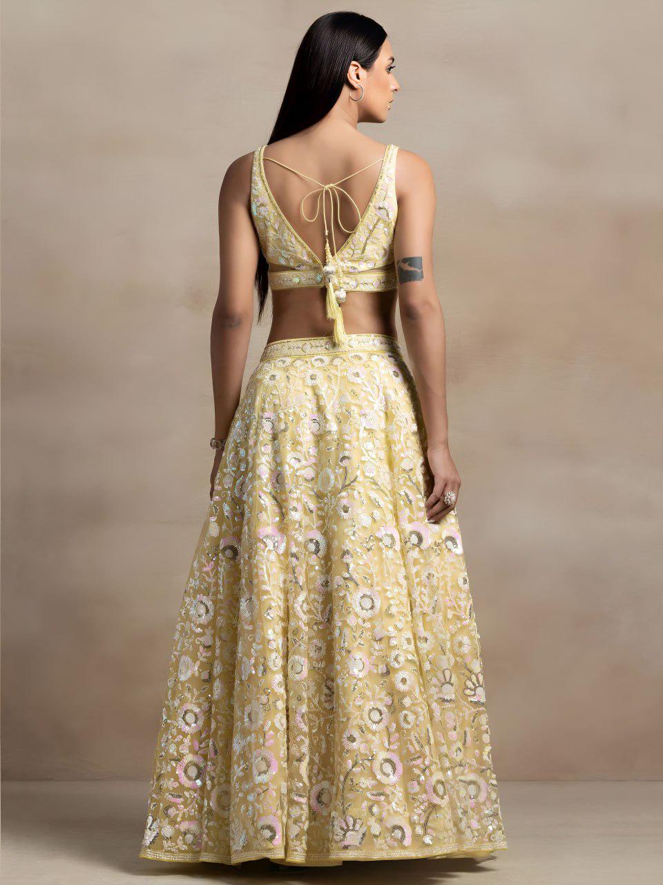 Pastel Yellow Soft Net Lehenga Choli Set | Floral Thread & Sequins Embroidered Lehenga | Semi-Stitched Wedding, Festive Outfit with Dupatta