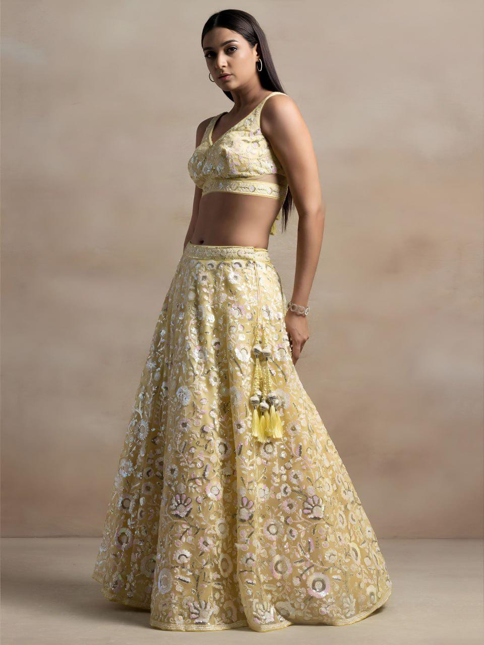 Pastel Yellow Soft Net Lehenga Choli Set | Floral Thread & Sequins Embroidered Lehenga | Semi-Stitched Wedding, Festive Outfit with Dupatta