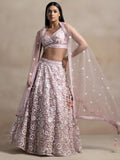 Soft Pink Soft Net Lehenga Choli Set | Floral Thread & Sequins Embroidered Lehenga | Semi-Stitched Wedding, Party Wear with Dupatta