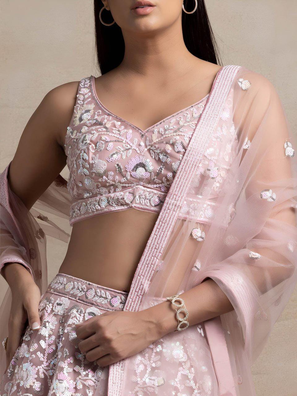 Soft Pink Soft Net Lehenga Choli Set | Floral Thread & Sequins Embroidered Lehenga | Semi-Stitched Wedding, Party Wear with Dupatta