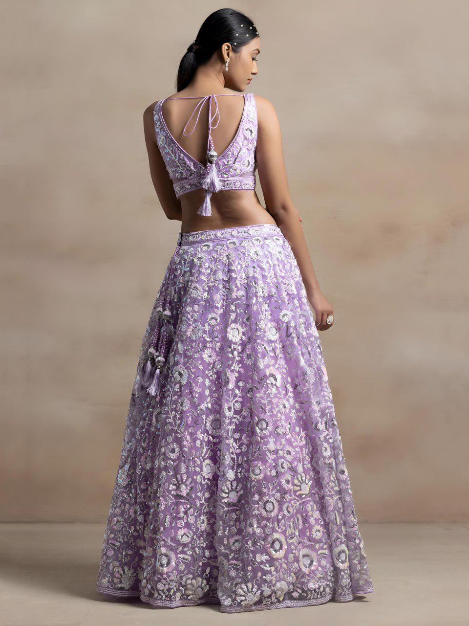 Lavender Soft Net Lehenga Choli Set | Floral Thread & Sequins Embroidered Lehenga | Semi-Stitched Wedding, Reception Outfit with Dupatta