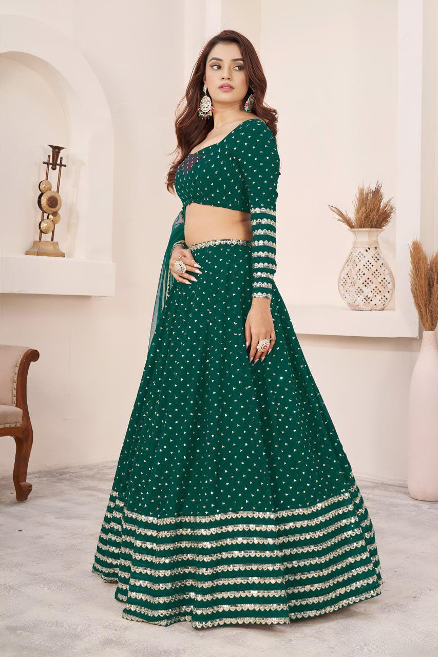 Teal Green Georgette Lehenga Choli Set | Zari Sequins Embroidery, Semi-Stitched Wedding Wear