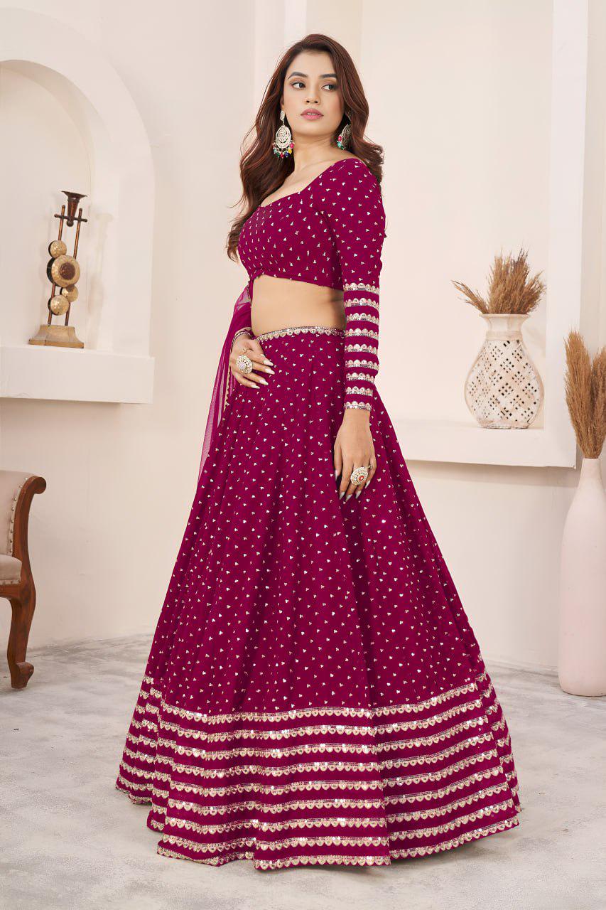 Rani Pink Georgette Lehenga Choli Set | Zari Sequins Embroidery, Festive Wear