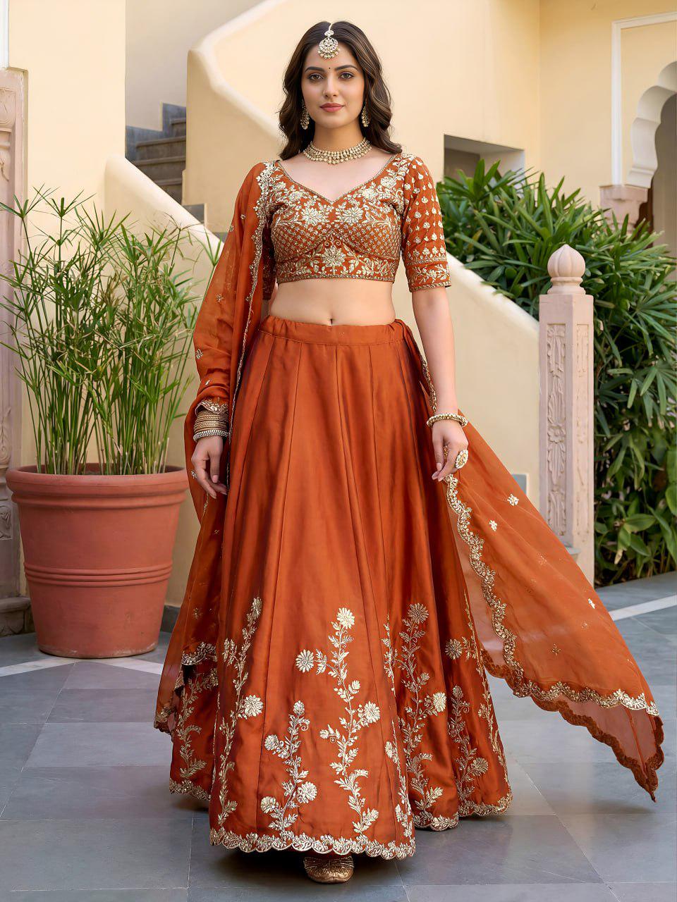 Rust Orange Rangoli Silk Lehenga Choli Set | Zari Dori & Sequins Embroidered Lehenga | Semi-Stitched Wedding and Festive Outfit with Dupatta
