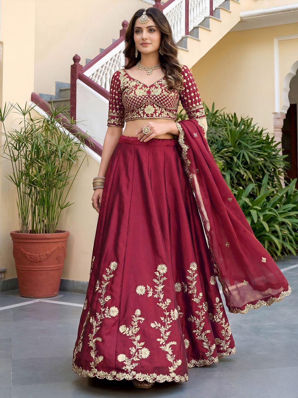 Maroon Rangoli Silk Lehenga Choli Set | Zari Dori & Sequins Embroidered Lehenga | Semi-Stitched Wedding and Reception Outfit with Dupatta