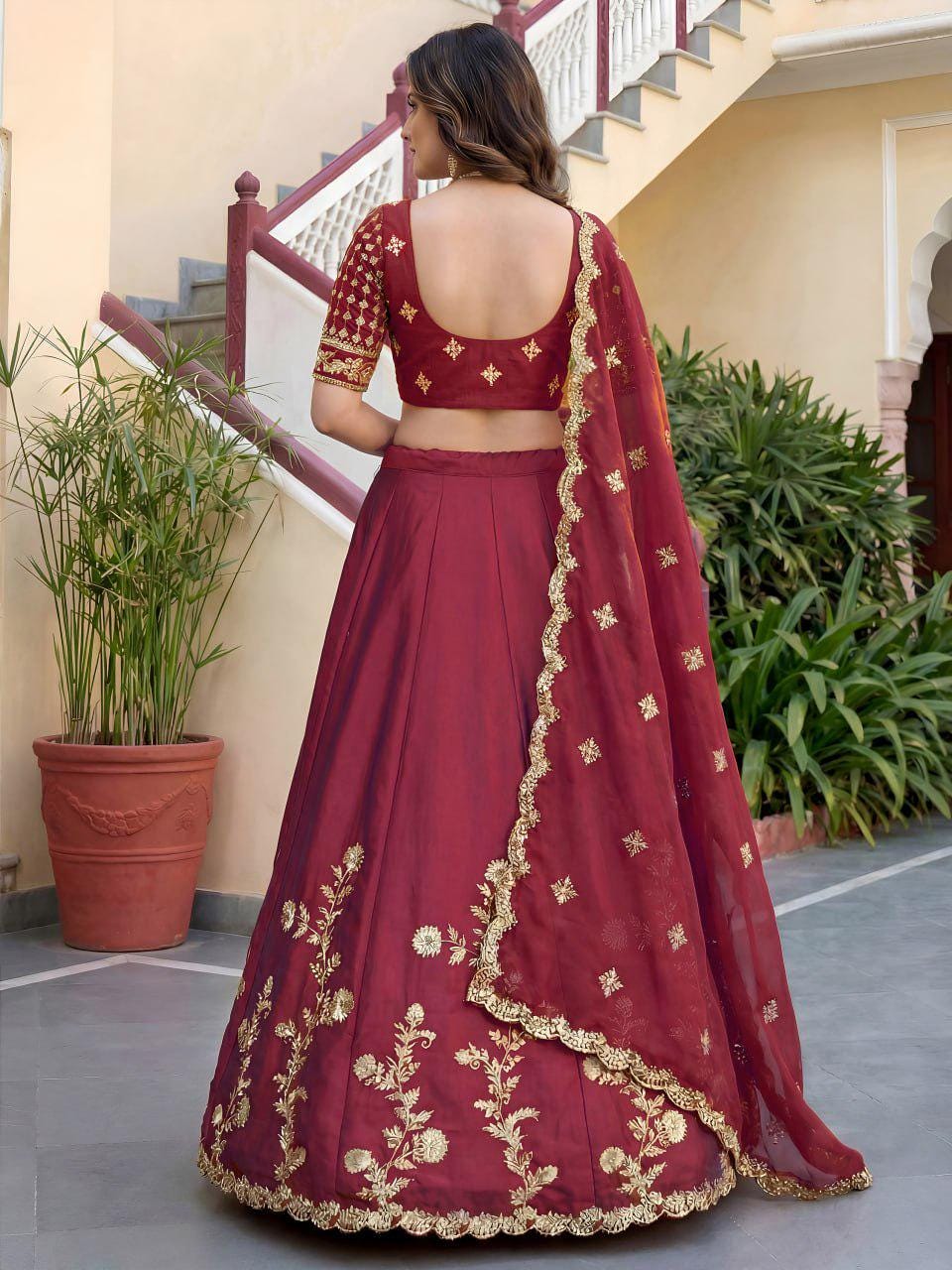 Maroon Rangoli Silk Lehenga Choli Set | Zari Dori & Sequins Embroidered Lehenga | Semi-Stitched Wedding and Reception Outfit with Dupatta
