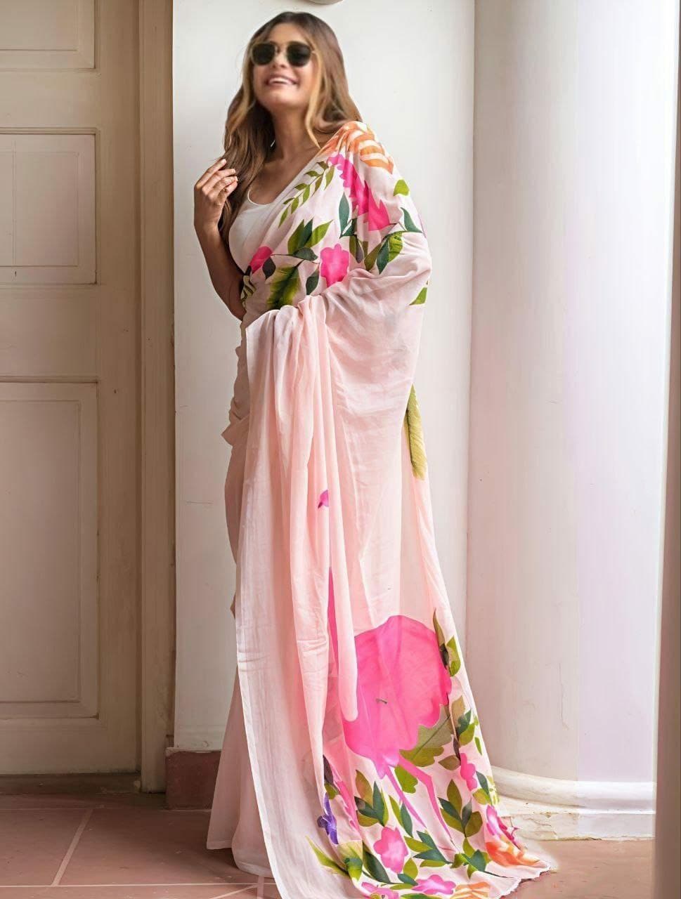 Pink Peacock Print Linen Cotton Saree | Premium Soft Linen Cotton Saree with Matching Unstitched Blouse | Elegant Casual & Festive Wear