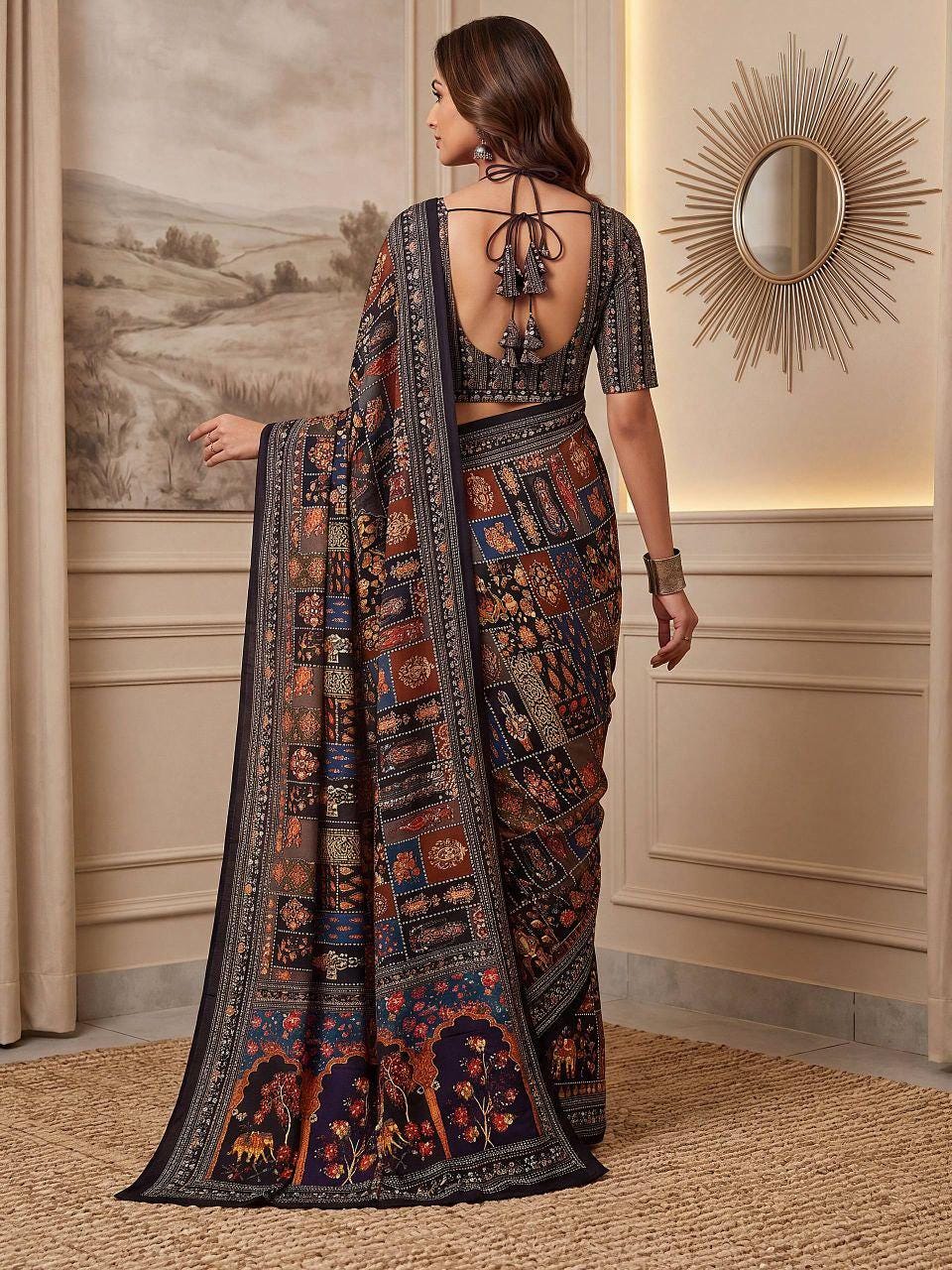 Chinon Ajrak Print Saree with Real Mirror Work | Wedding Festive Wear (Unstitched Blouse)
