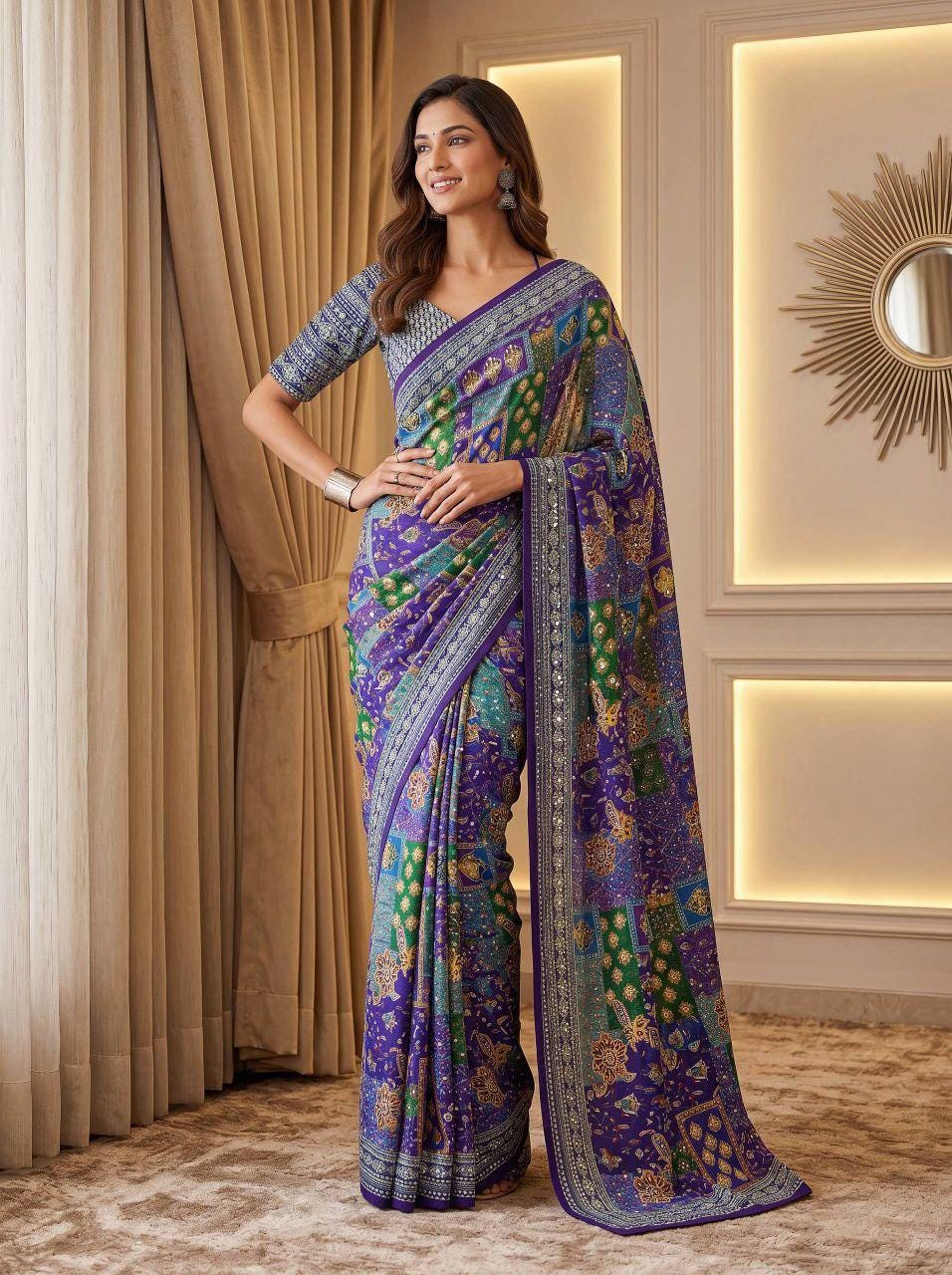 Chinon Ajrak Print Saree with Real Mirror Work | Festive Wedding Wear Blouse