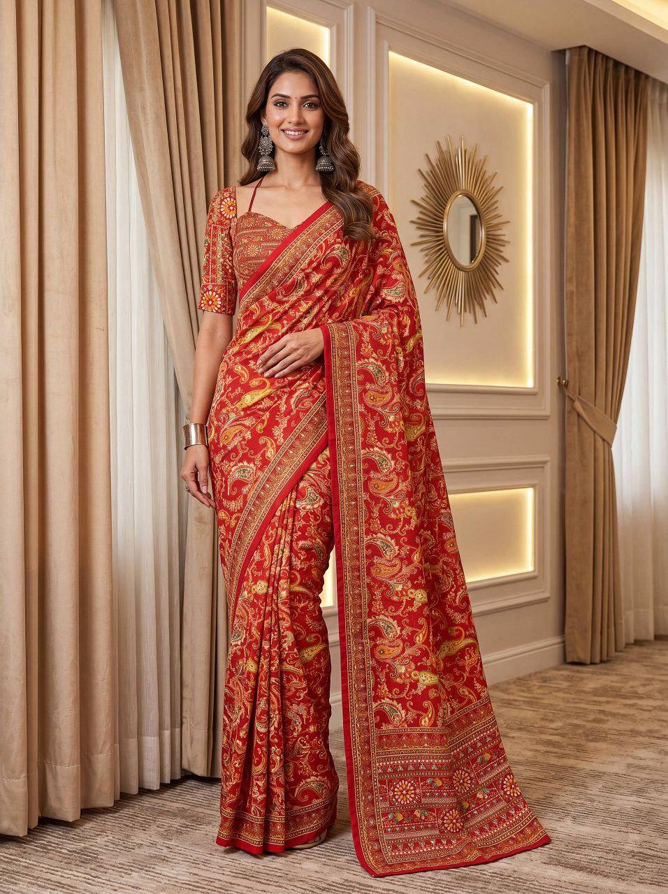 Chinon Ajrak Print Saree with Real Mirror Work | Festive Wedding Wear (Unstitched Blouse)