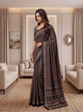 Chinon Ajrak Print Saree with Real Mirror Work | Digital Printed Indian Saree (Unstitched Blouse)