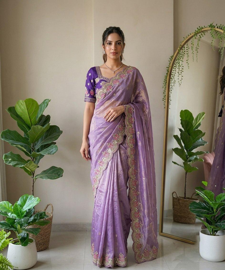Fendy Satin Silk Saree | Embroidered Butti, Cutwork Border, Designer Wedding Wear