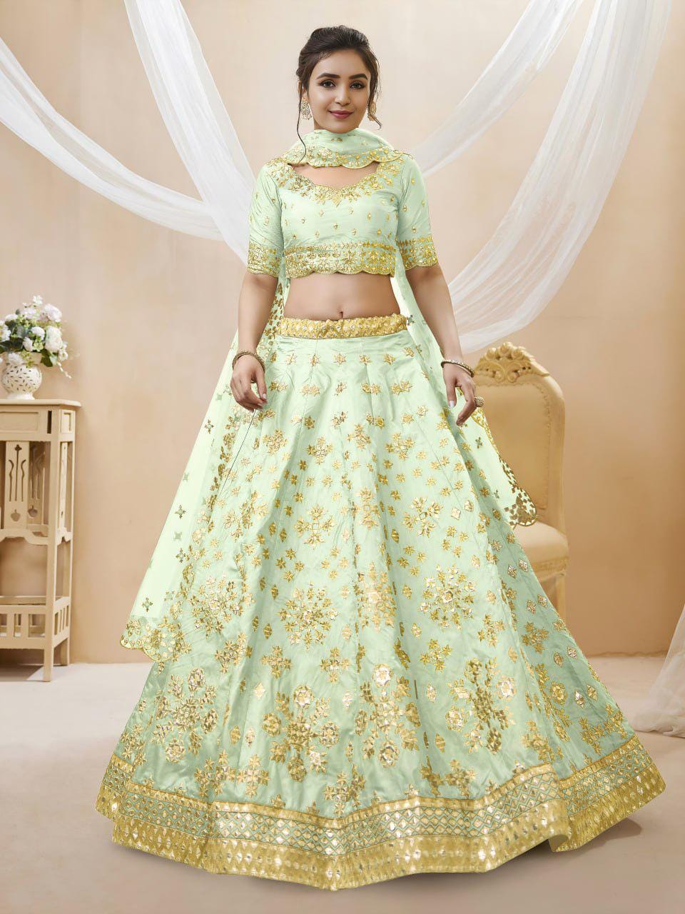 Pista Green Art Silk Lehenga Choli Set, Foil Zari Sequins Embroidery, Semi-Stitched Dupatta