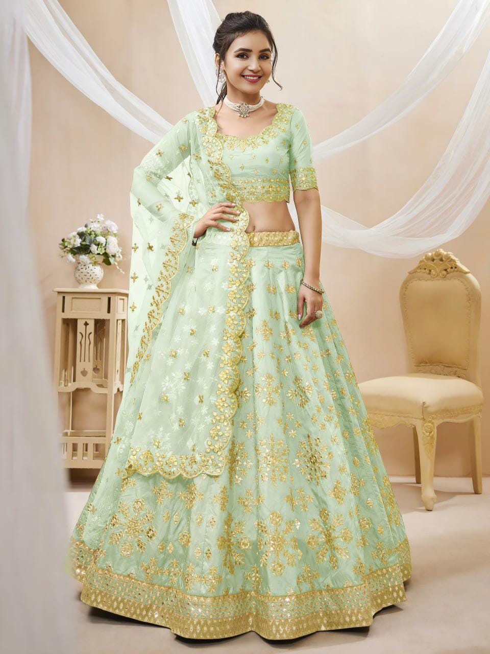 Pista Green Art Silk Lehenga Choli Set, Foil Zari Sequins Embroidery, Semi-Stitched Dupatta