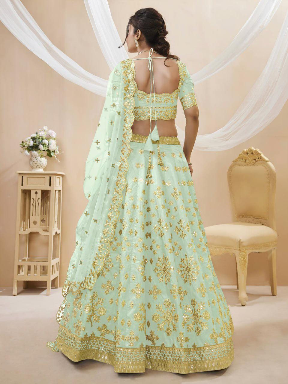 Pista Green Art Silk Lehenga Choli Set, Foil Zari Sequins Embroidery, Semi-Stitched Dupatta