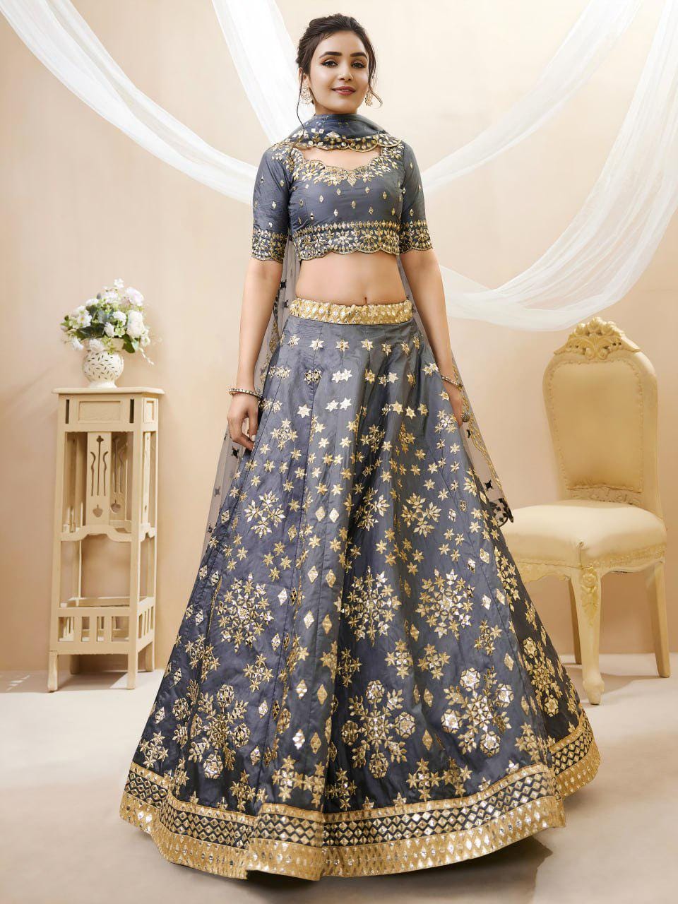 Grey Art Silk Lehenga Choli Set, Foil Zari Sequins Embroidery, Semi-Stitched Wedding Outfit