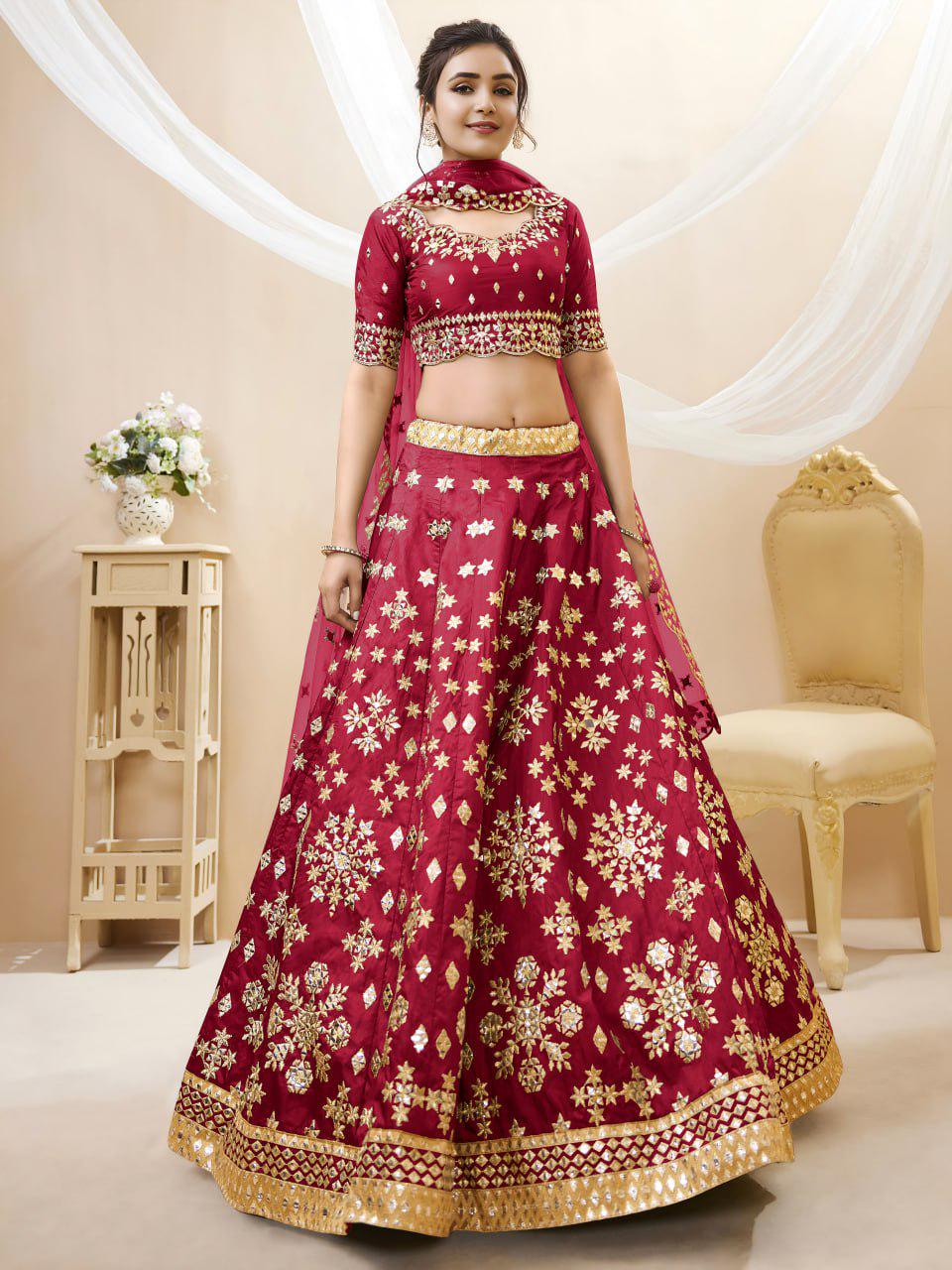 Deep Red Art Silk Lehenga Choli Set, Foil Zari Sequins Embroidery, Semi-Stitched Dupatta