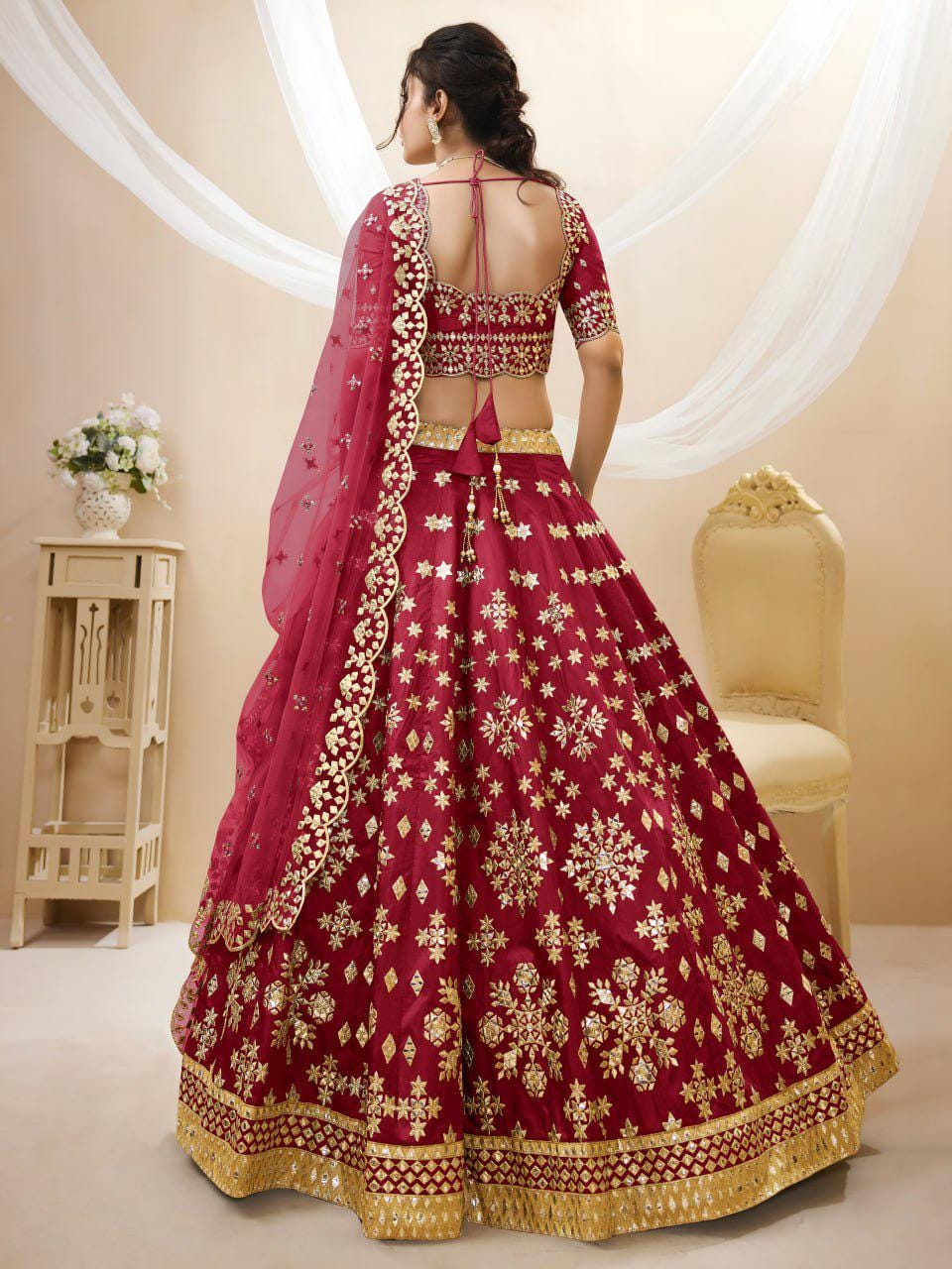 Deep Red Art Silk Lehenga Choli Set, Foil Zari Sequins Embroidery, Semi-Stitched Dupatta