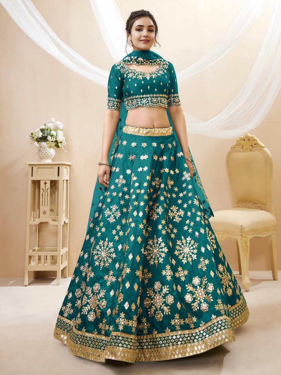 Green Art Silk Lehenga Choli Set, Foil Zari Sequins Embroidery, Semi-Stitched Wedding Dupatta