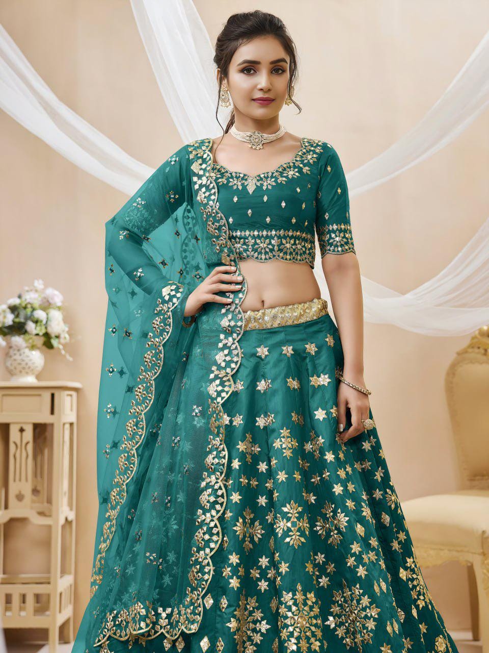 Green Art Silk Lehenga Choli Set, Foil Zari Sequins Embroidery, Semi-Stitched Wedding Dupatta
