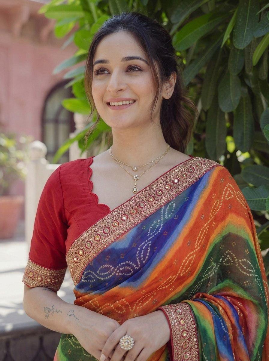 Soft Georgette Digital Print Saree | Embroidered Lace Border, Banglory Silk Blouse