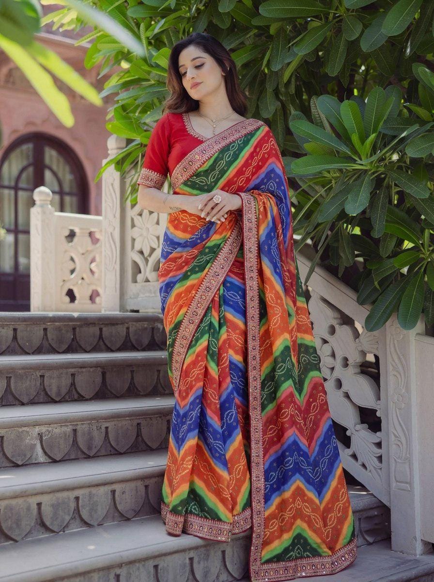 Soft Georgette Digital Print Saree | Embroidered Lace Border, Banglory Silk Blouse