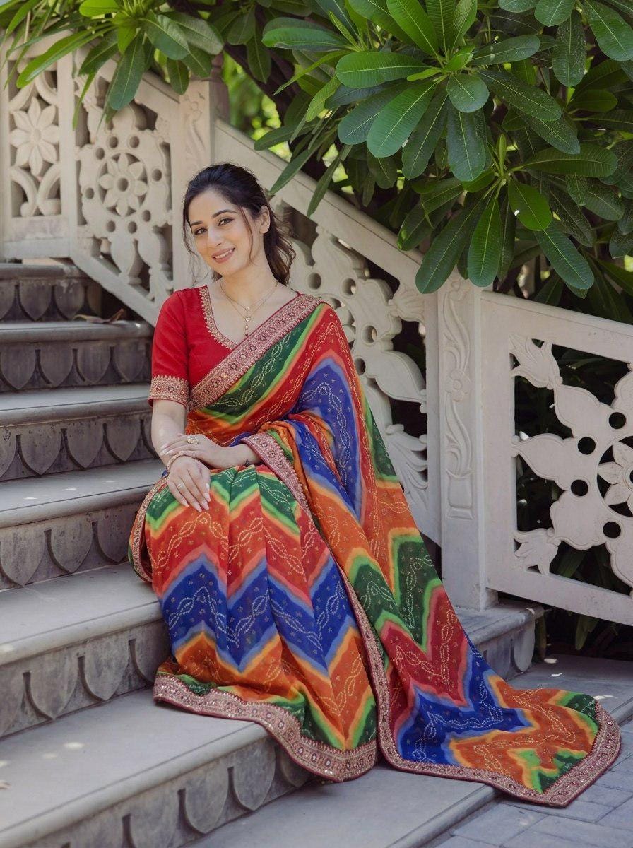 Soft Georgette Digital Print Saree | Embroidered Lace Border, Banglory Silk Blouse