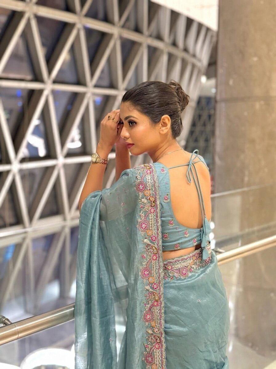 Soft Tissue Chiffon Silk Saree | Zarkan Embroidered Cutwork Border, Designer Wedding, Mono Silk Blouse
