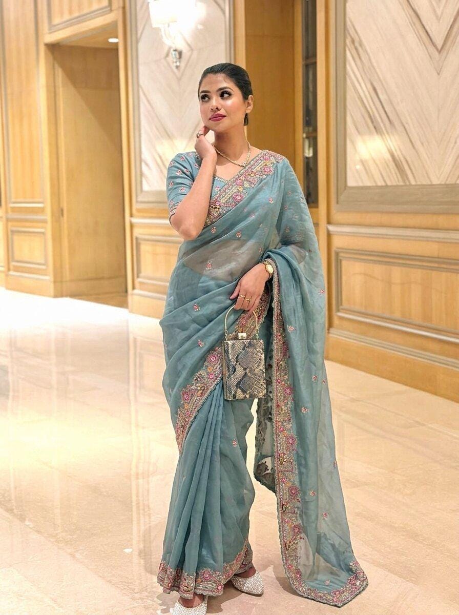 Soft Tissue Chiffon Silk Saree | Zarkan Embroidered Cutwork Border, Designer Wedding, Mono Silk Blouse