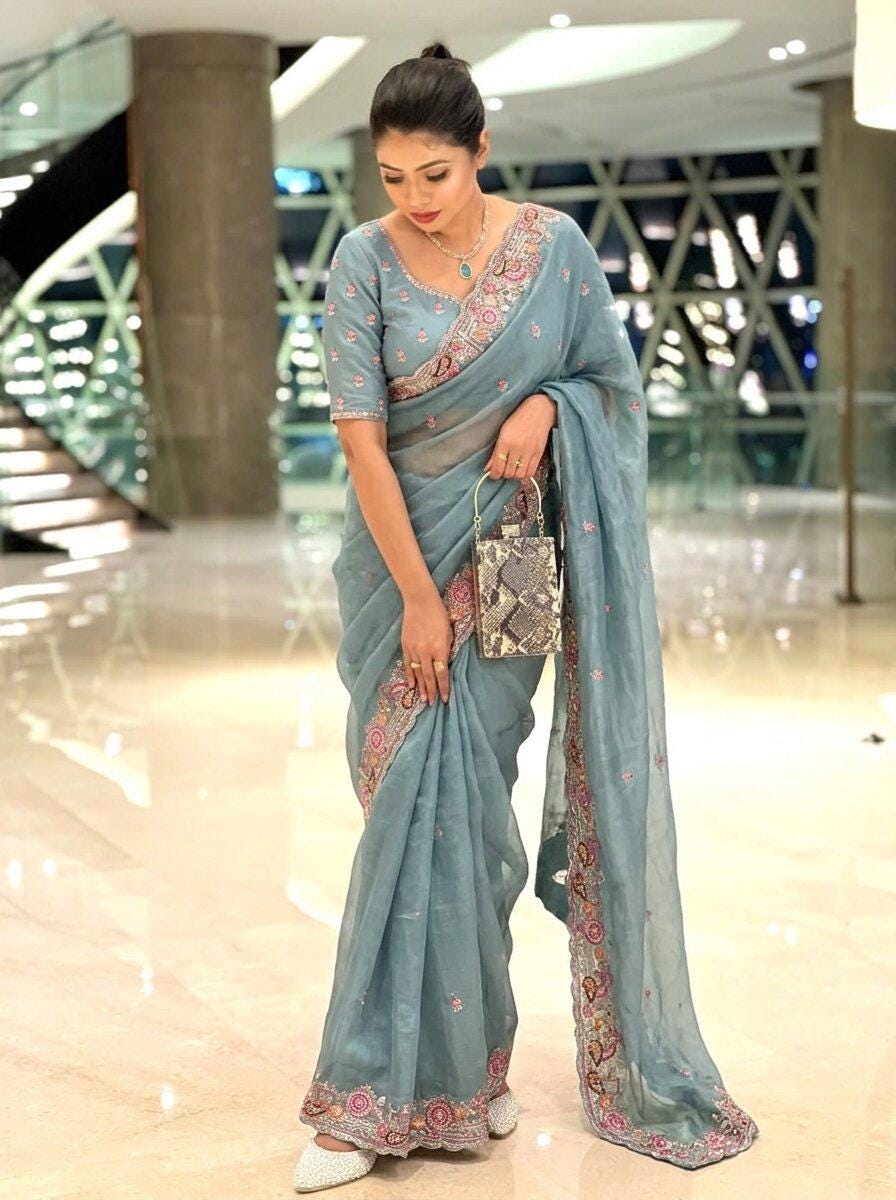 Soft Tissue Chiffon Silk Saree | Zarkan Embroidered Cutwork Border, Designer Wedding, Mono Silk Blouse