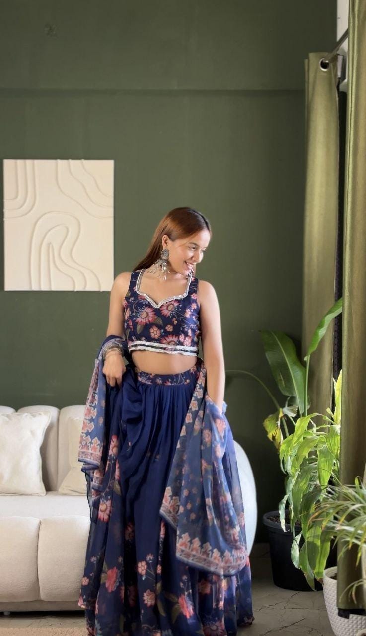 Soft Fox Georgette Floral Print Lehenga Choli Set | Stitched Padded Blouse, Party Wear