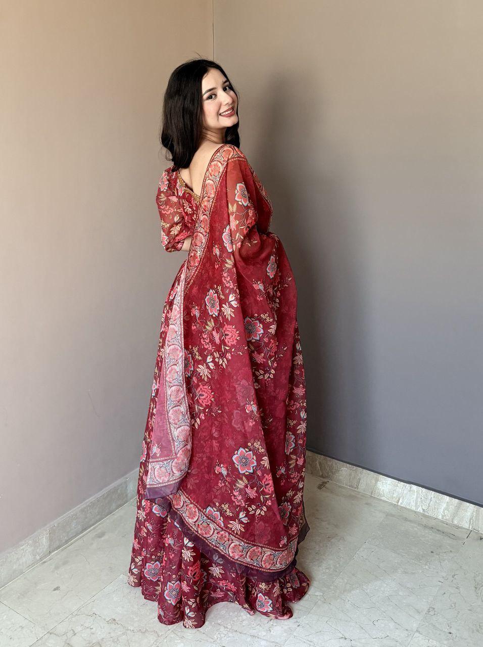 One Shoulder Floral Print Lehenga Choli Set | Ready-to-Wear Festive Wedding Outfit