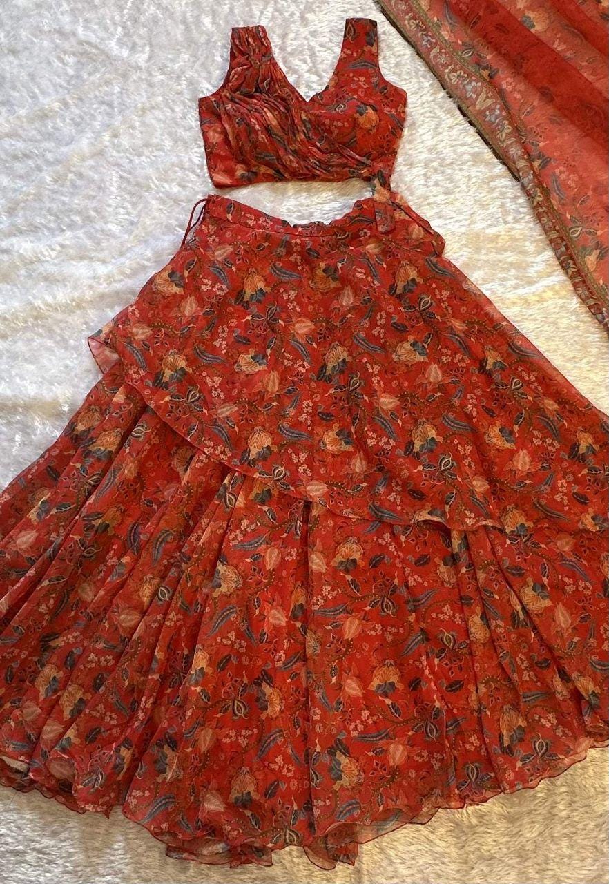 Floral Print Lehenga Choli Set | Sleeveless Padded Blouse, Multi-Panel Skirt, Printed Dupatta