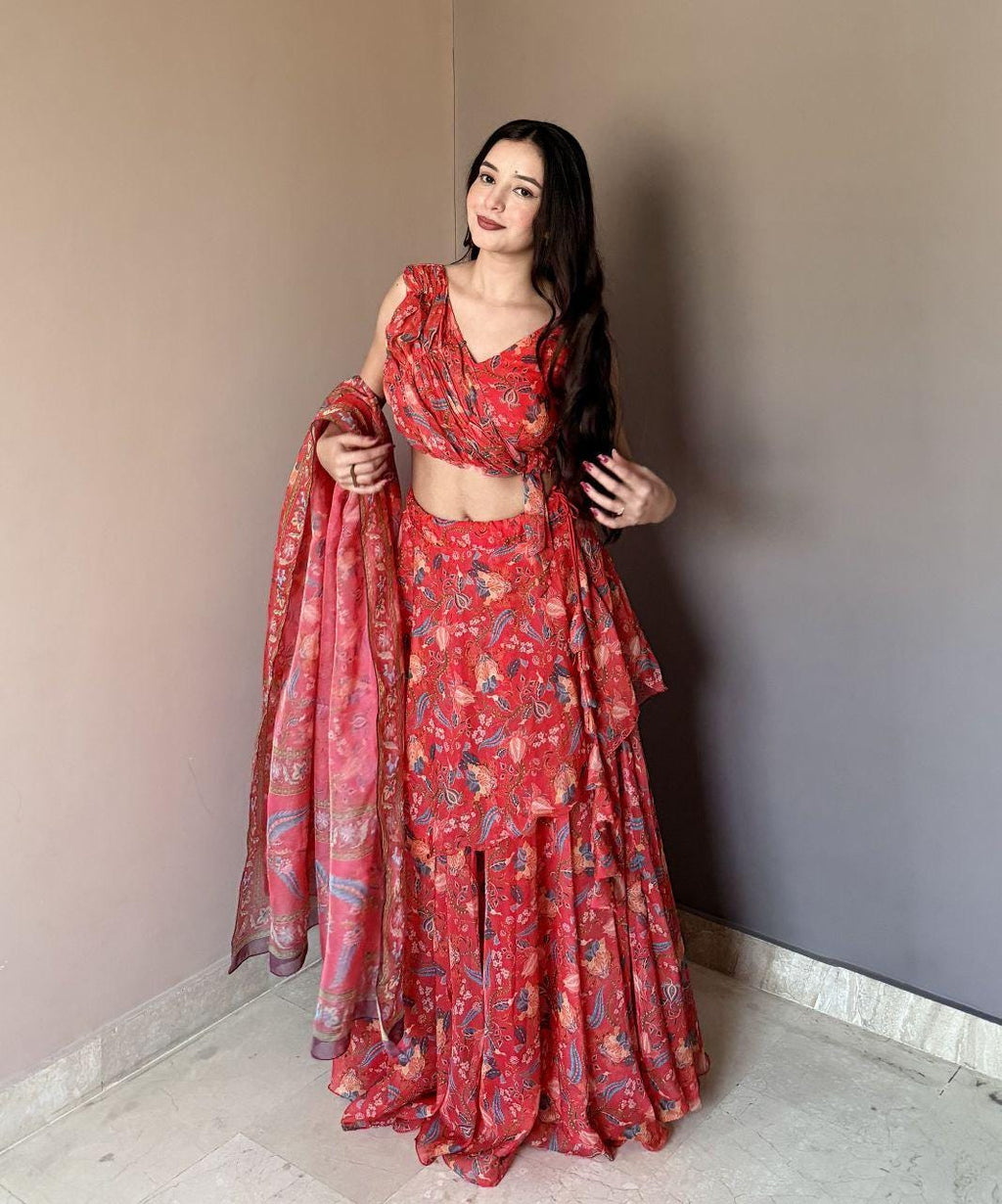 Floral Print Lehenga Choli Set | Sleeveless Padded Blouse, Multi-Panel Skirt, Printed Dupatta