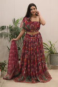 Wine Floral Print Organza Silk Lehenga Choli Set | Padded Blouse, Dupatta