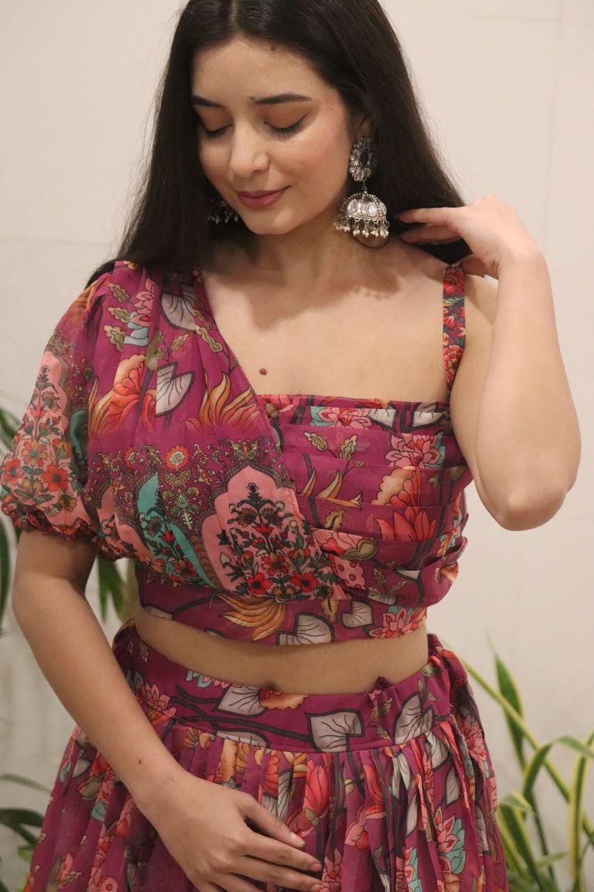 Wine Floral Print Organza Silk Lehenga Choli Set | Padded Blouse, Dupatta