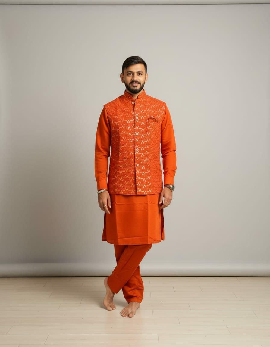 Men's Silk Kurta Pant Set with Embroidered Koti | Festive Ethnic 3-Piece Outfit