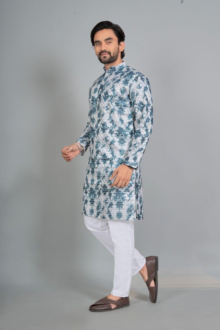 Men's Digital Print Rayon Kurta Pajama Set | Traditional Indian Ethnic Wear, Festive, Wedding, Casual
