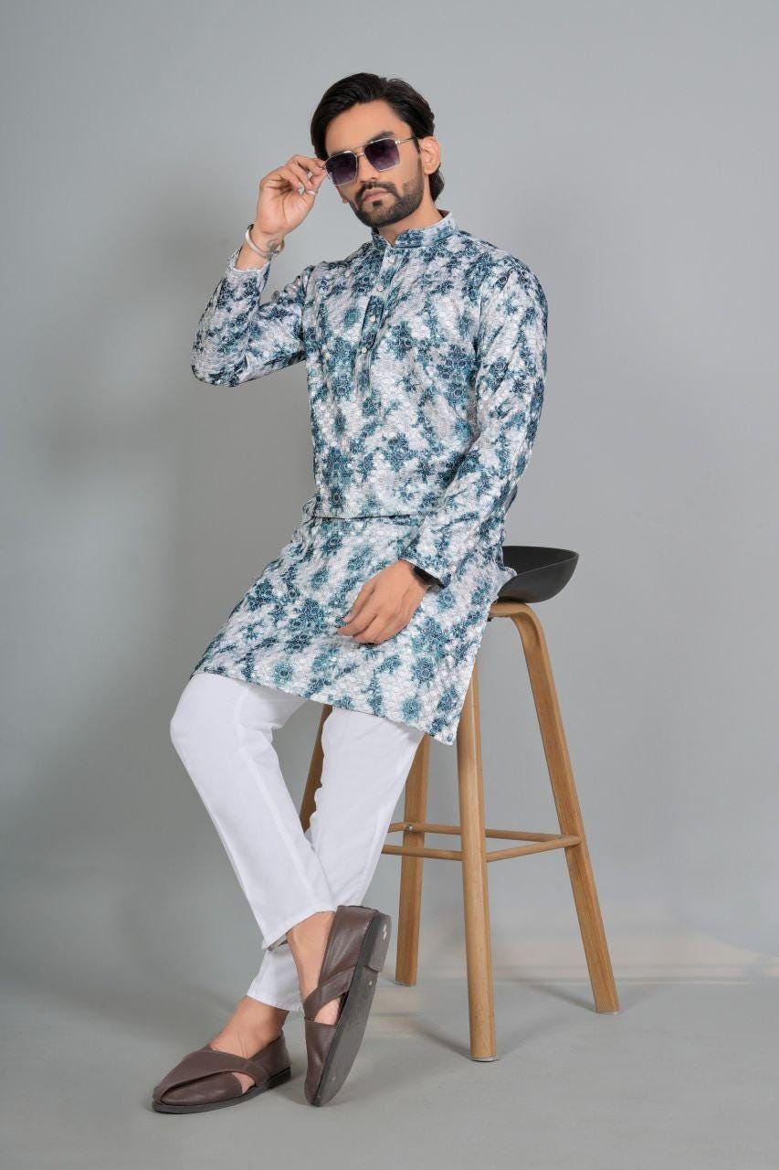 Men's Digital Print Rayon Kurta Pajama Set | Traditional Indian Ethnic Wear, Festive, Wedding, Casual