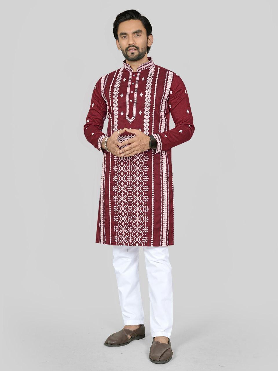 Men's Silk Kurta Pajama Set | Embroidered Silver Sequin Work, Festive Wear