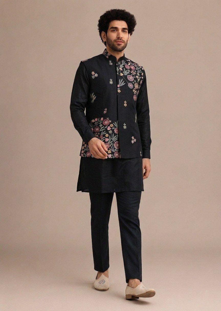 Men's Roman Silk Kurta Pant Set with Embroidered Koti | Festive Ethnic Wear
